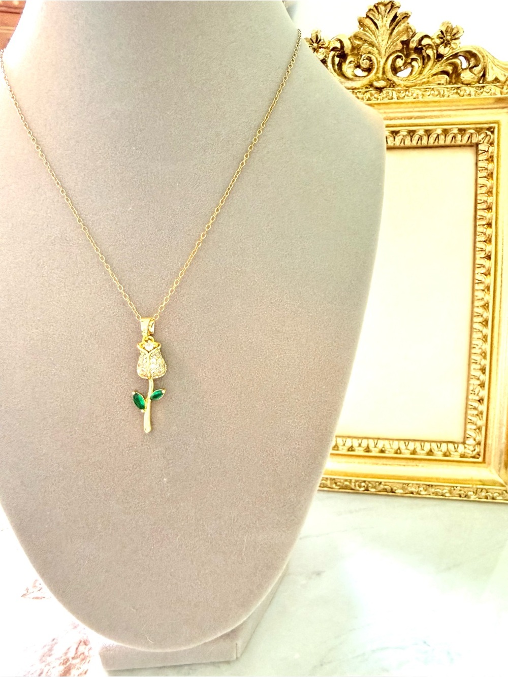 belk Gold-Tone Rose Pendant Necklace with Green Leaves